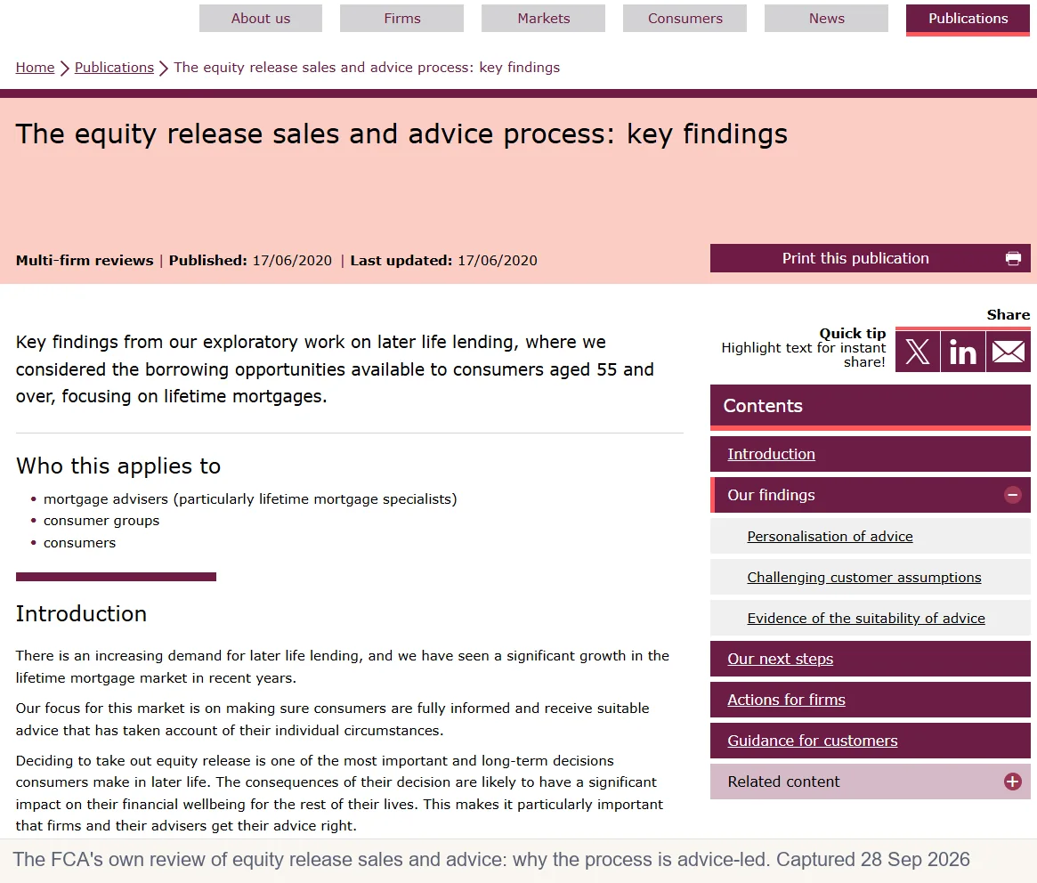 The FCA's equity release sales and advice review, the regulator's findings behind mandatory advice