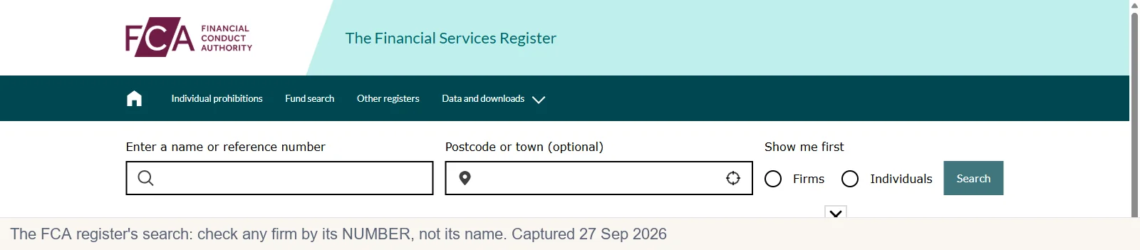 The FCA register search page used to check any equity release firm by its FRN number