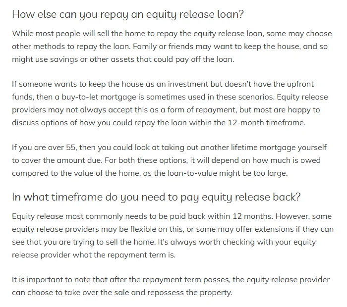 LV= guide saying equity release is most commonly repaid within 12 months, with extensions from some lenders