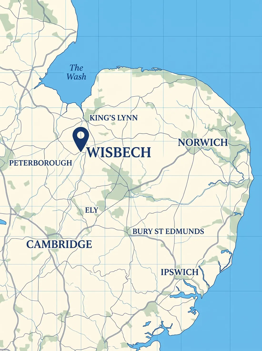 Map of East Anglia showing Wisbech, King's Lynn, Peterborough, Cambridge and Norwich, the Trusted Equity Release area
