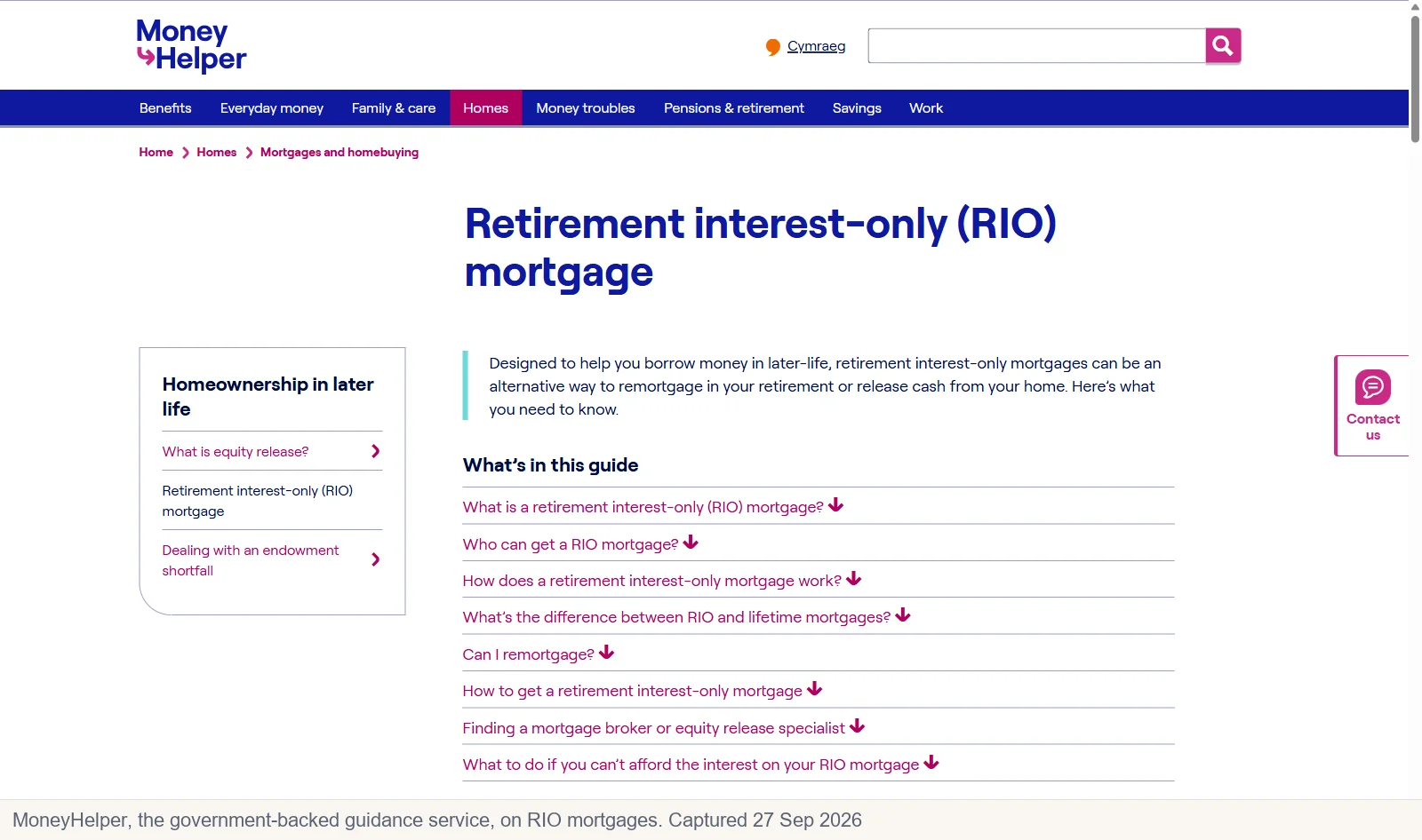 MoneyHelper guidance page on retirement interest-only mortgages