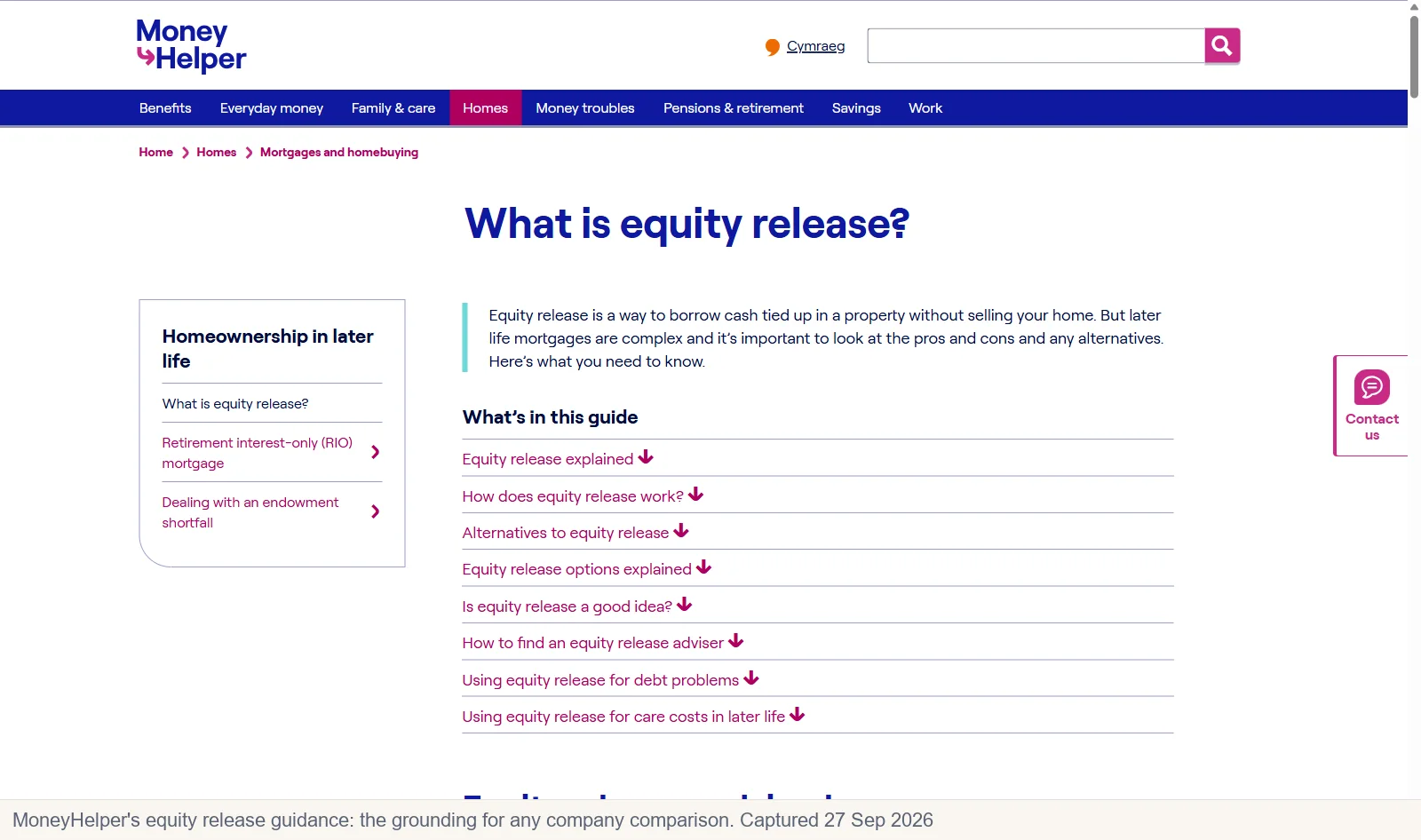 MoneyHelper's equity release guidance page, the grounding for any company comparison