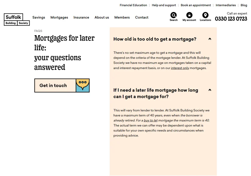 Suffolk Building Society page saying it has no maximum age on repayment or interest-only mortgages