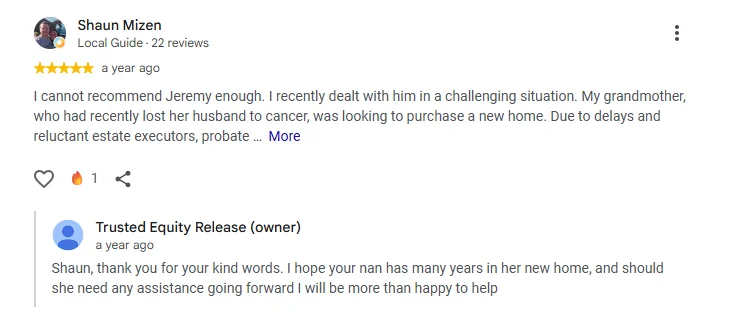 Google review by Shaun Mizen, five stars, for Trusted Equity Release